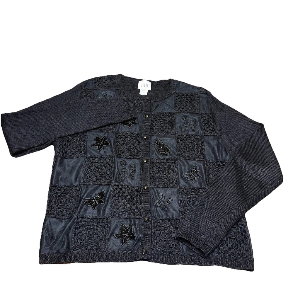 Vintage 90's Teddi‎ Button-Up Cardigan Sweater Black 3D Embroidered Women's L - Picture 2 of 11